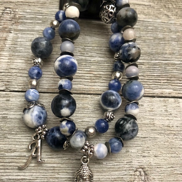 Gemstone Beaded Charm Bracelet Buddha Initial - Picture 3 of 7